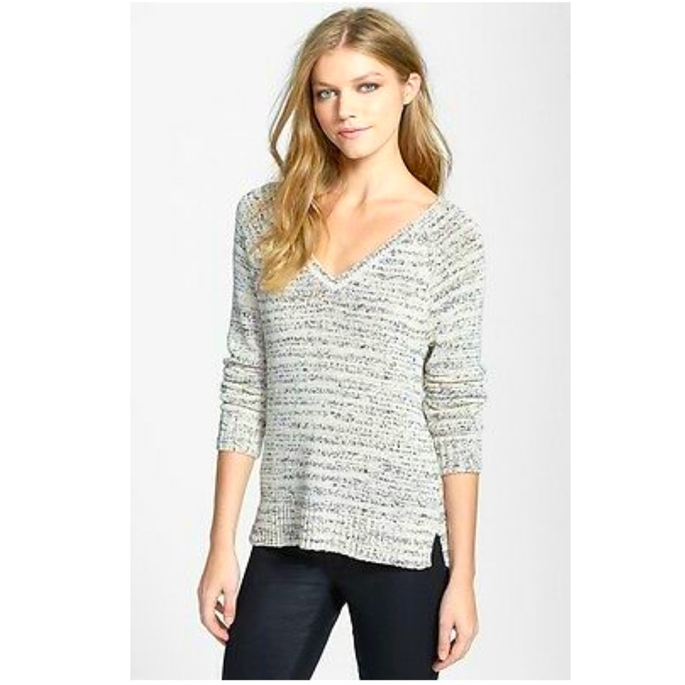 Eileen Fisher V-Neck Blurred Cotton Stripe Soft White Pullover Sweater Size M